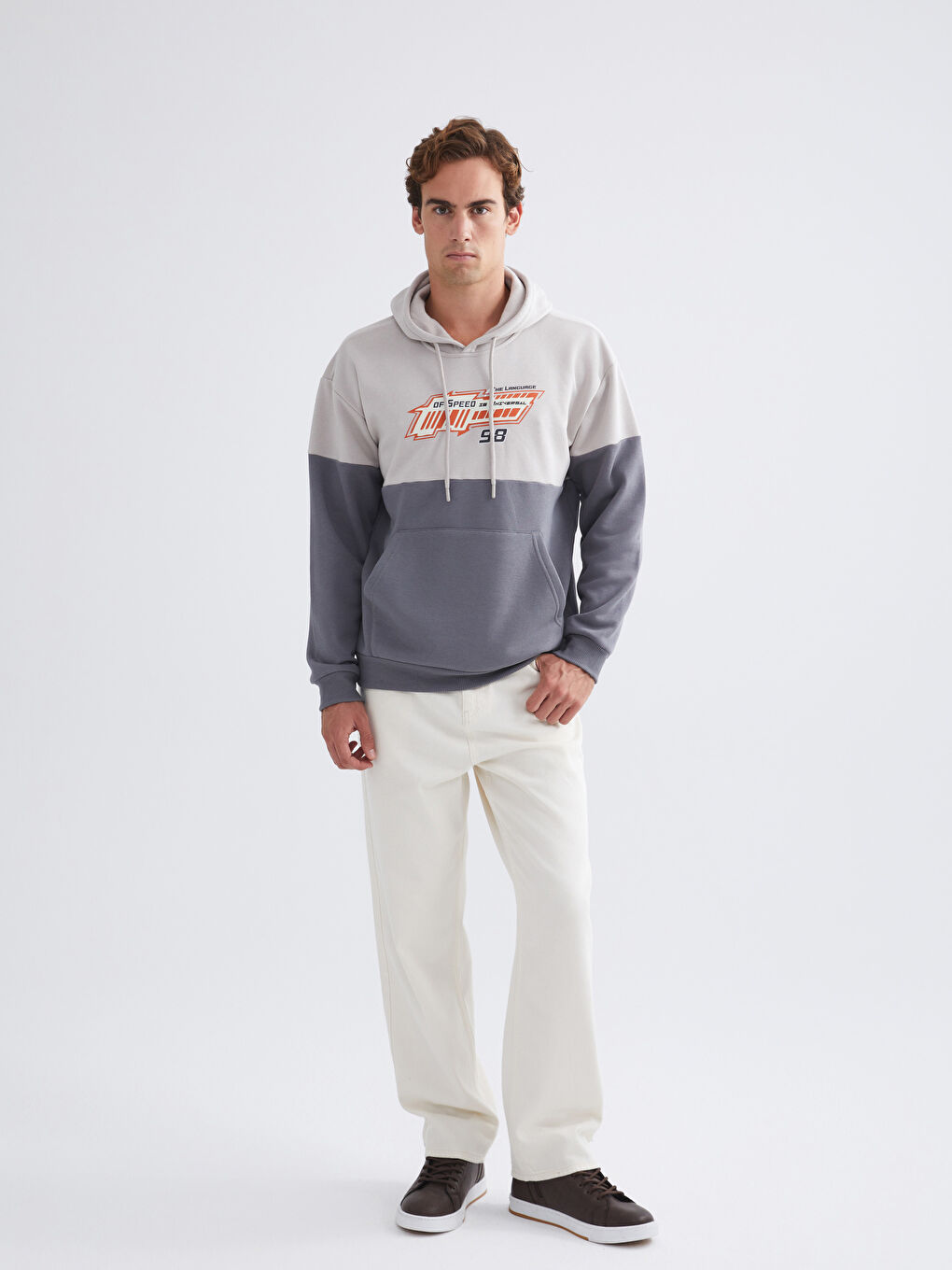 Gri Uzun Kollu Renk Bloklu Erkek Hoodie-1