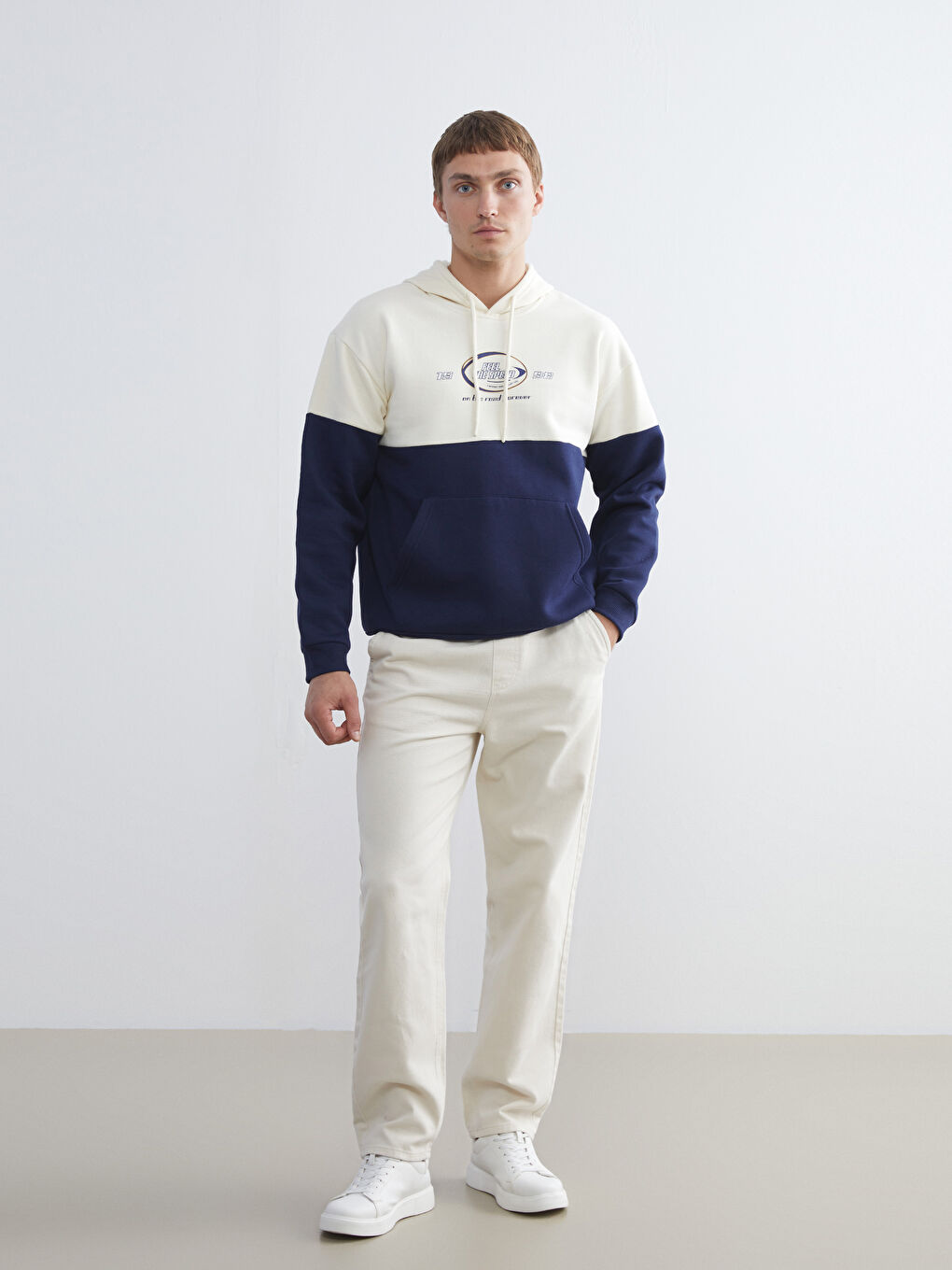 Bej Uzun Kollu Renk Bloklu Erkek Hoodie-1