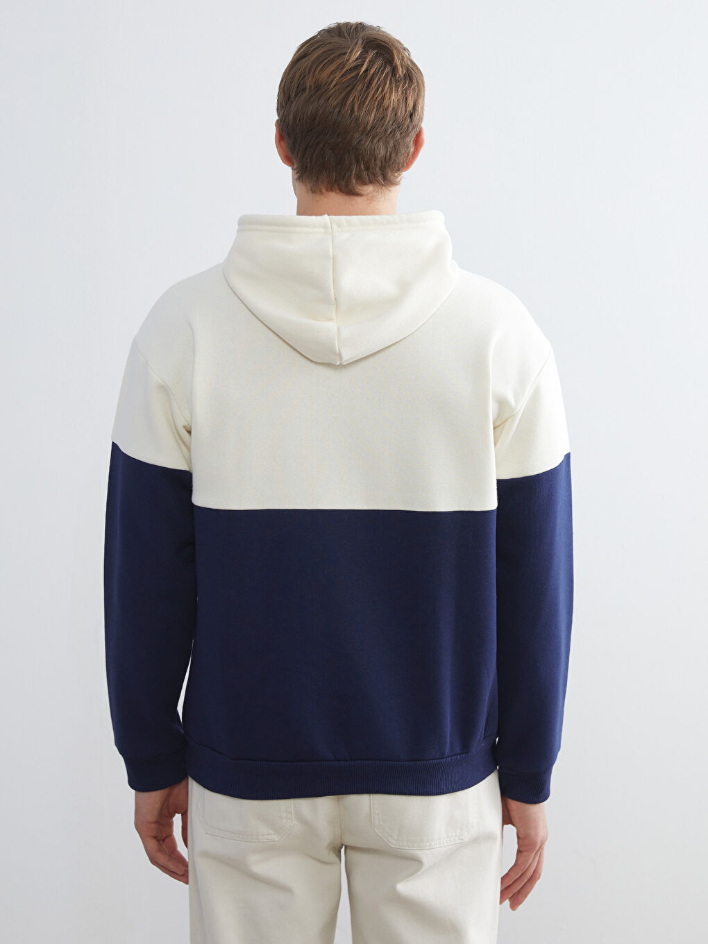 Bej Uzun Kollu Renk Bloklu Erkek Hoodie-3