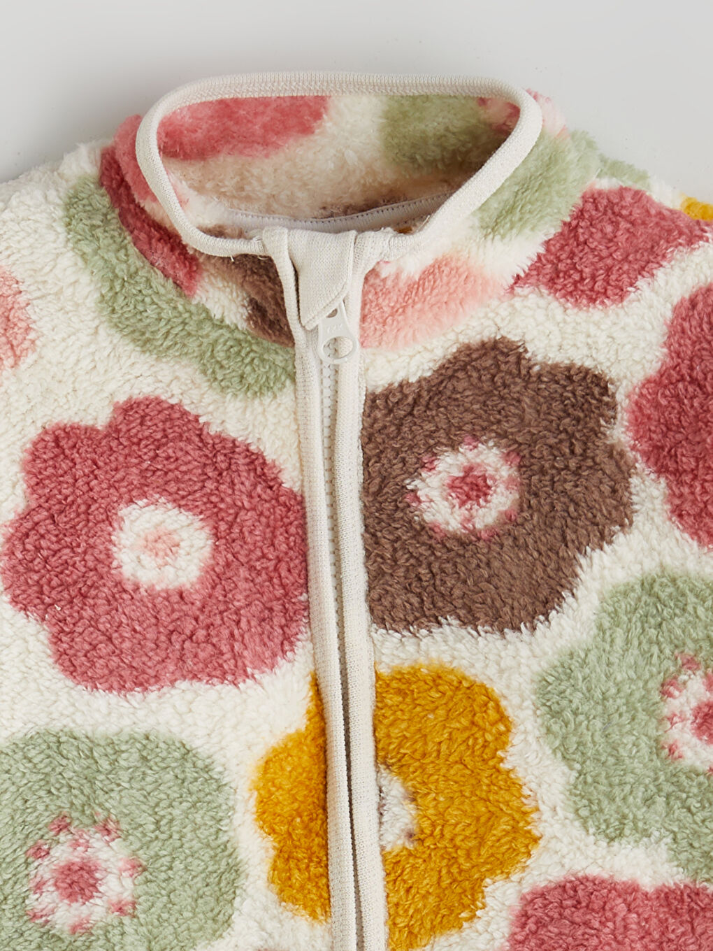 Ekru Dik Yaka Çiçekli Kız Bebek Pelüş Mont-1