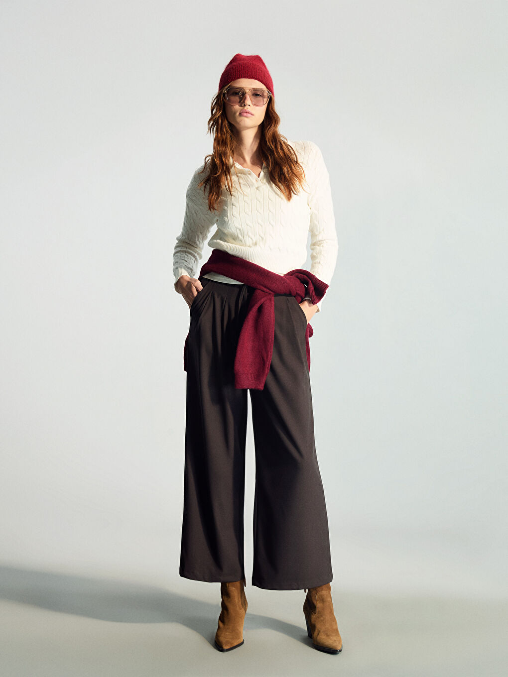 Ekru Polo Yaka Kendinden Desenli Kadın Triko Kazak-1