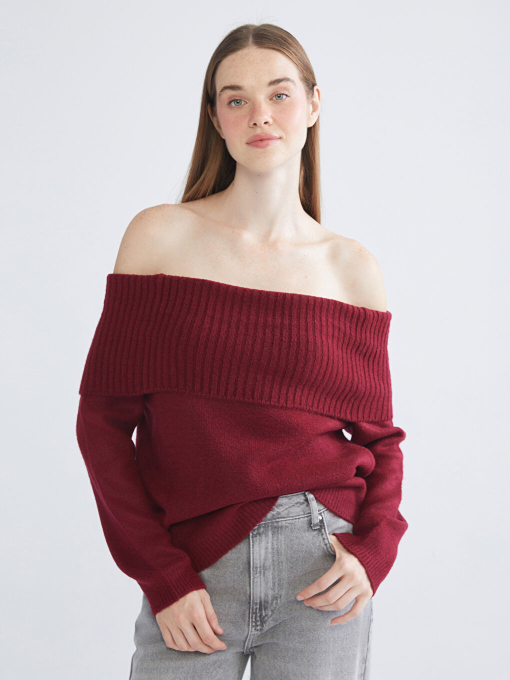 Bordo Kayık Yaka Kadın Triko Kazak-2