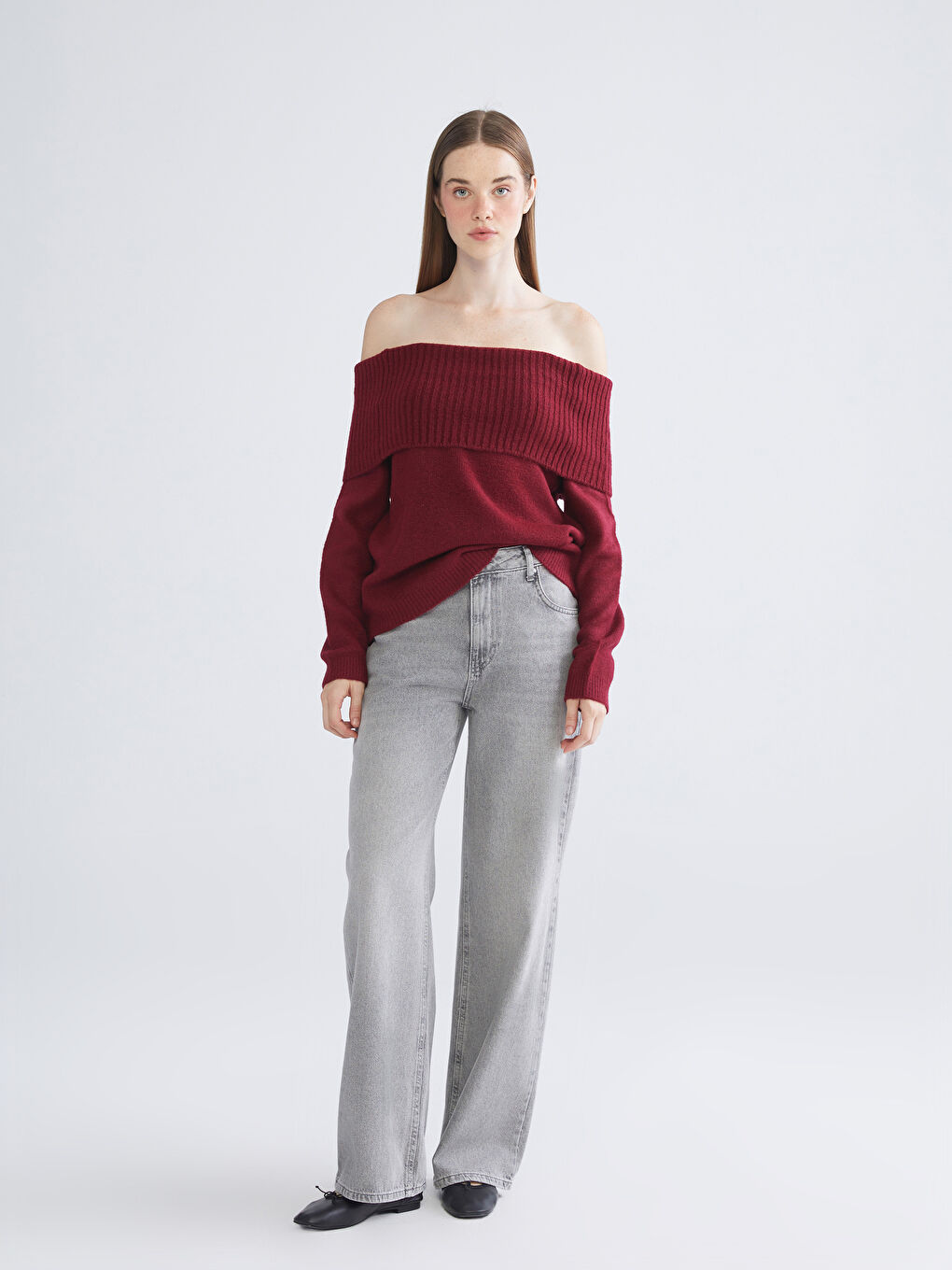 Bordo Kayık Yaka Kadın Triko Kazak-3