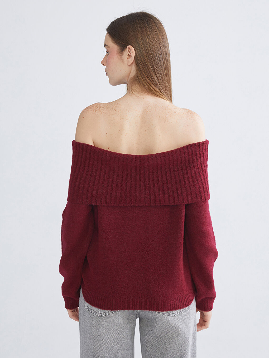 Bordo Kayık Yaka Kadın Triko Kazak-5