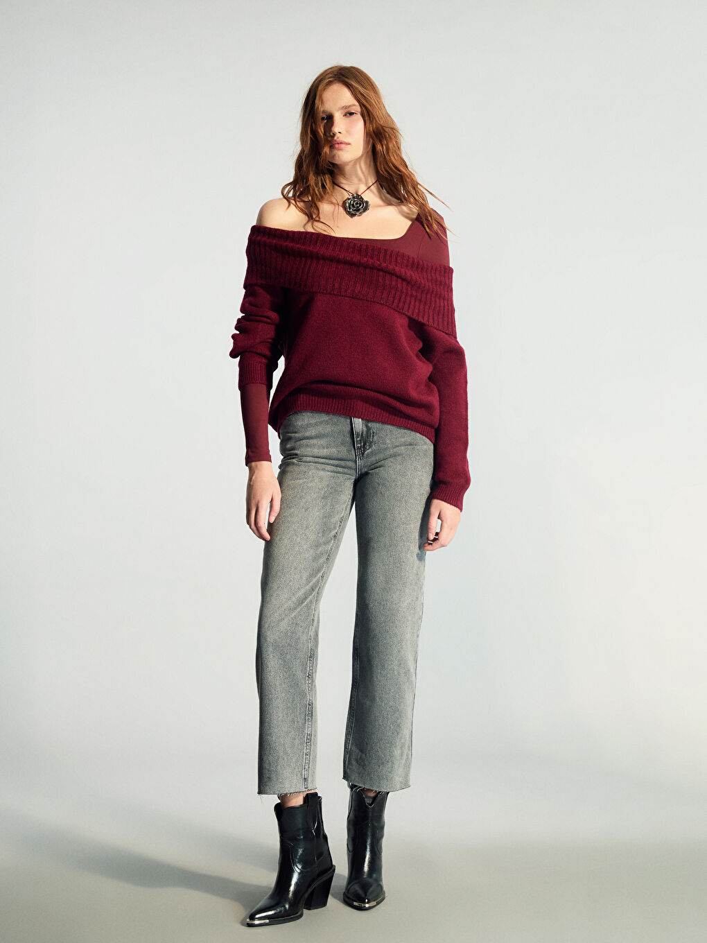 Bordo Kayık Yaka Kadın Triko Kazak-1