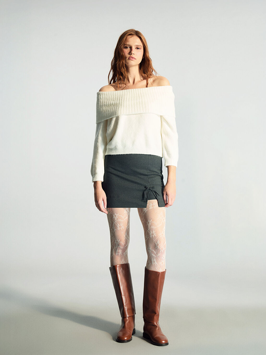 Ekru Kayık Yaka Kadın Triko Kazak-1