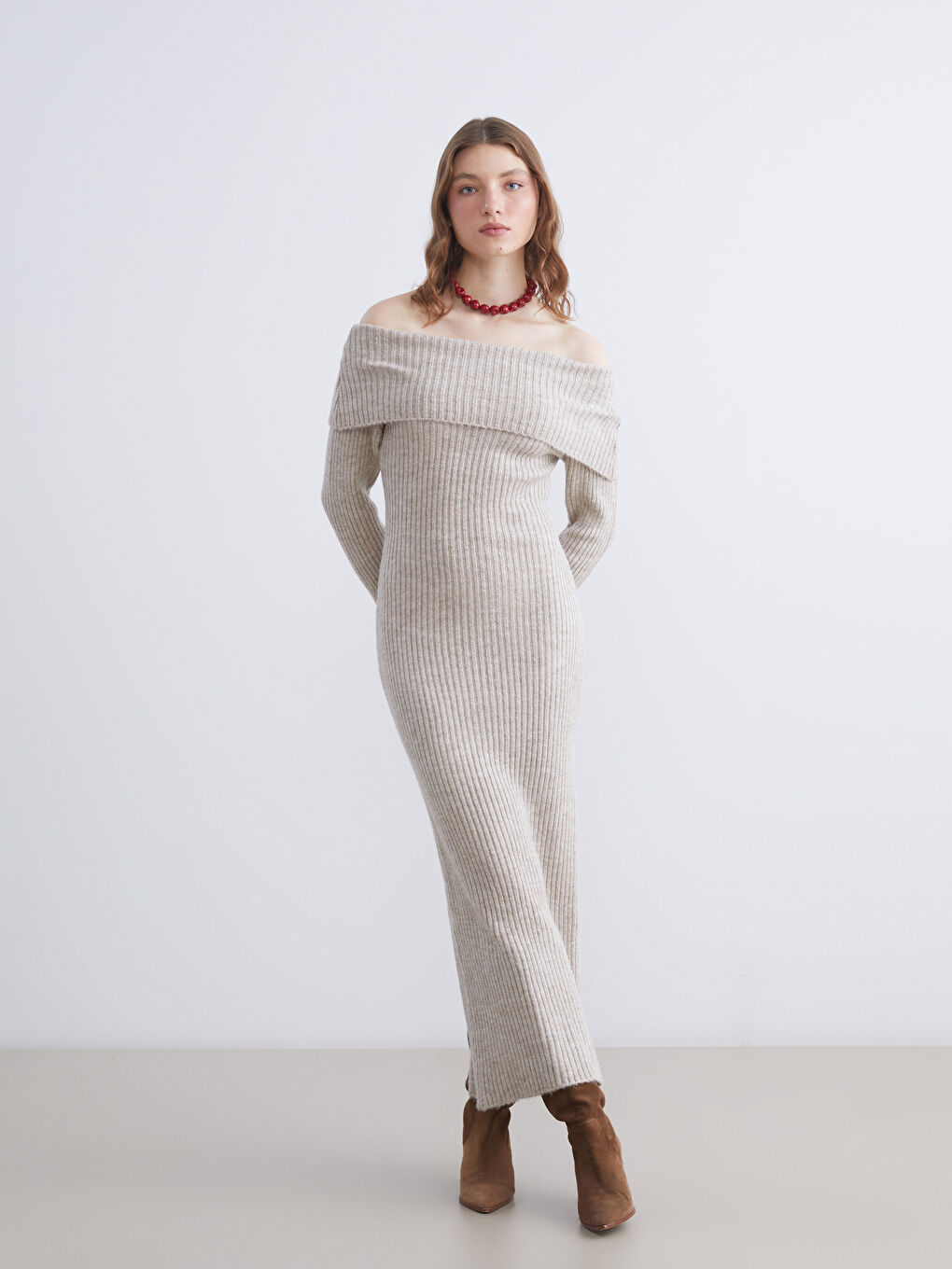 Slash Neck Bodycon Knitwear Dress-2