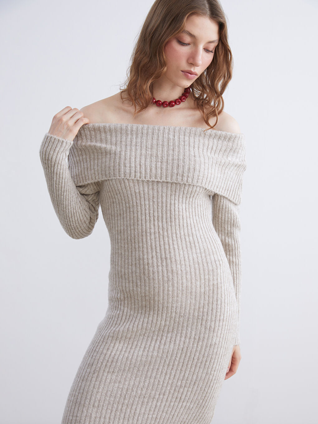 Slash Neck Bodycon Knitwear Dress-3