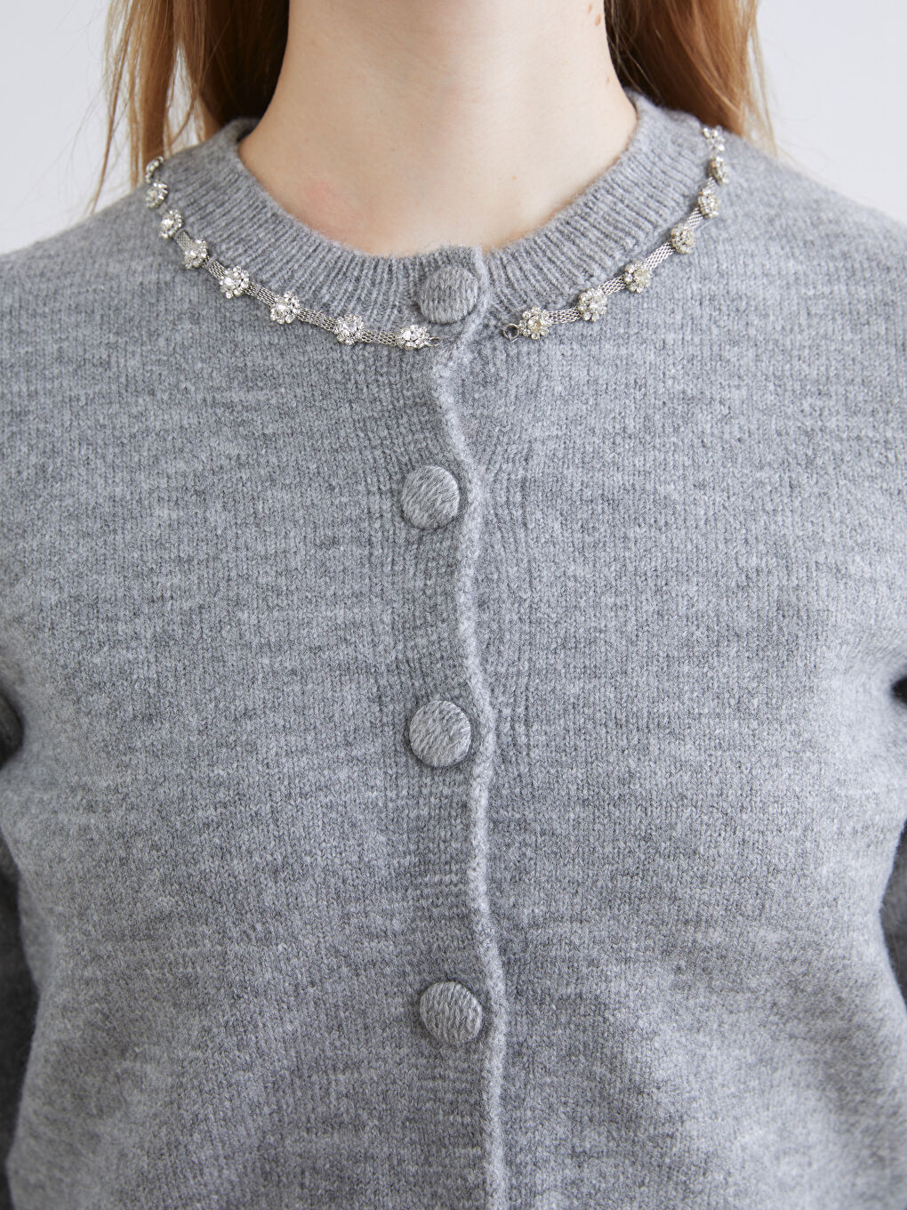 Gri Bisiklet Yaka Taşlı Kadın Triko Hırka-2