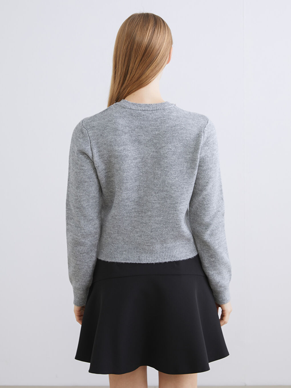 Gri Bisiklet Yaka Taşlı Kadın Triko Hırka-3