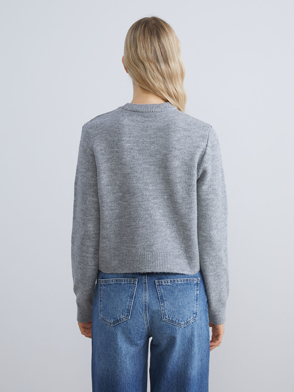 Gri Bisiklet Yaka Taşlı Kadın Triko Kazak-5