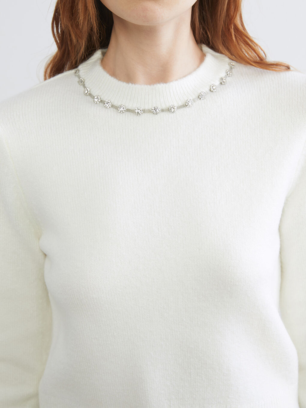 Ekru Bisiklet Yaka Taşlı Kadın Triko Kazak-2