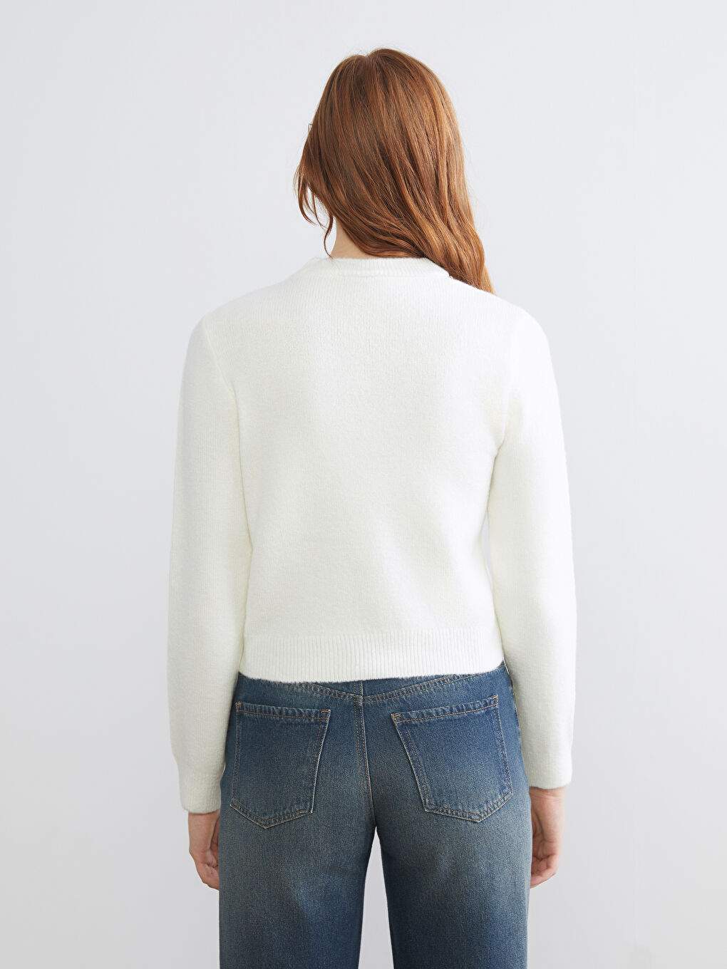 Ekru Bisiklet Yaka Taşlı Kadın Triko Kazak-3