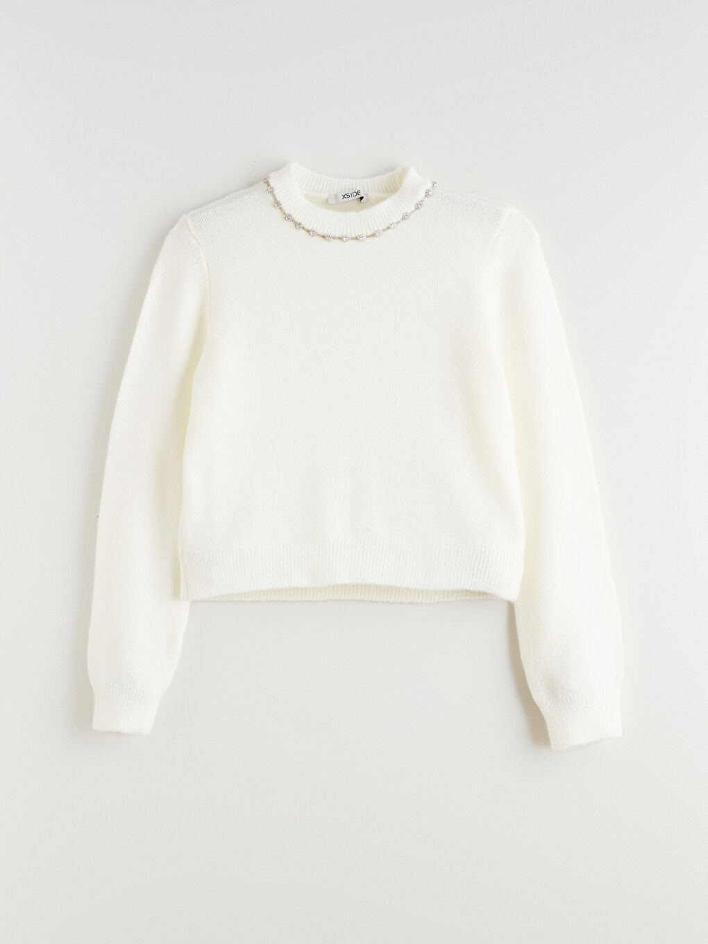 Ekru Bisiklet Yaka Taşlı Kadın Triko Kazak-4