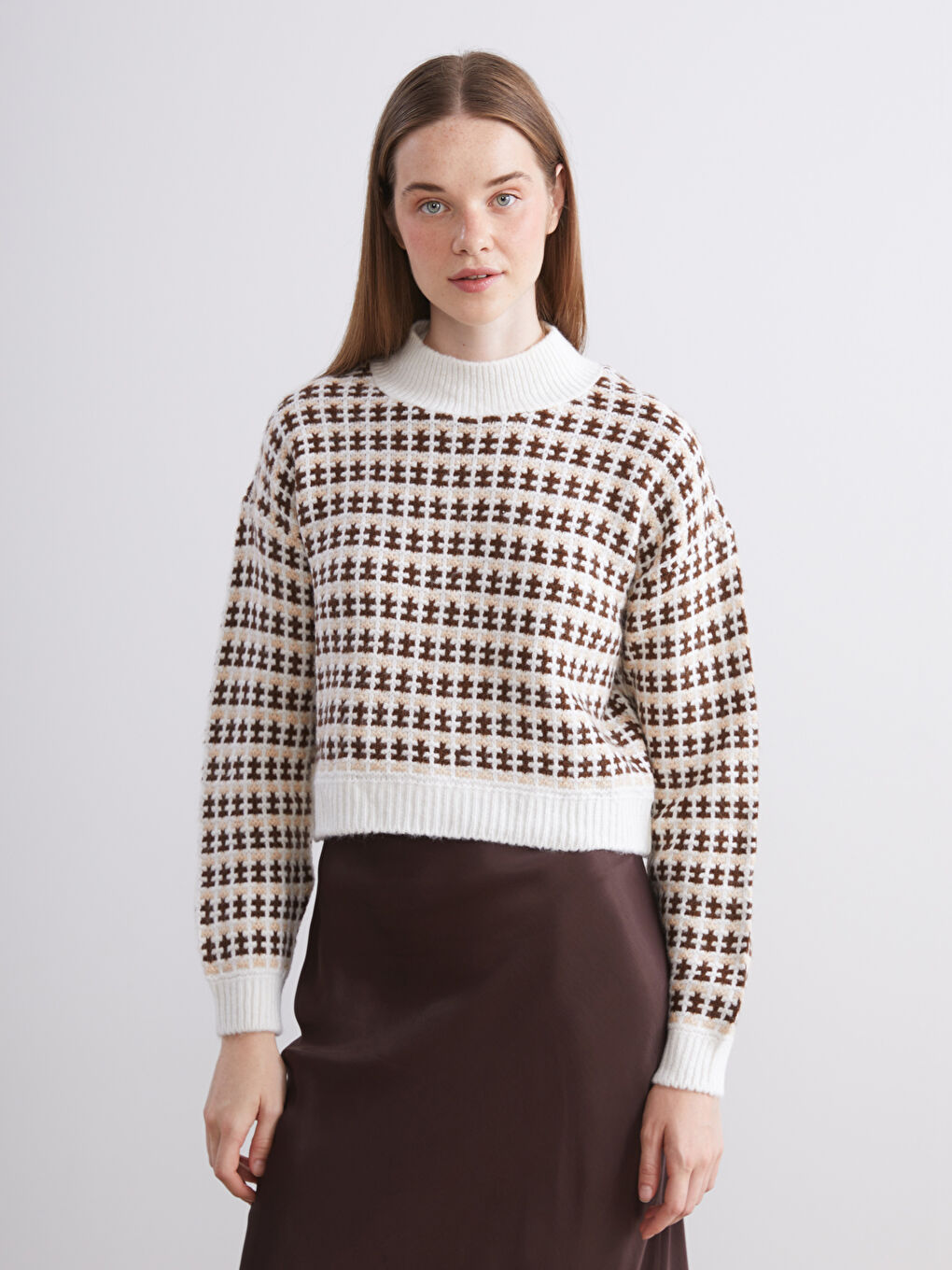 Funnel Neck Patterned Crop Women Knitwear Sweater