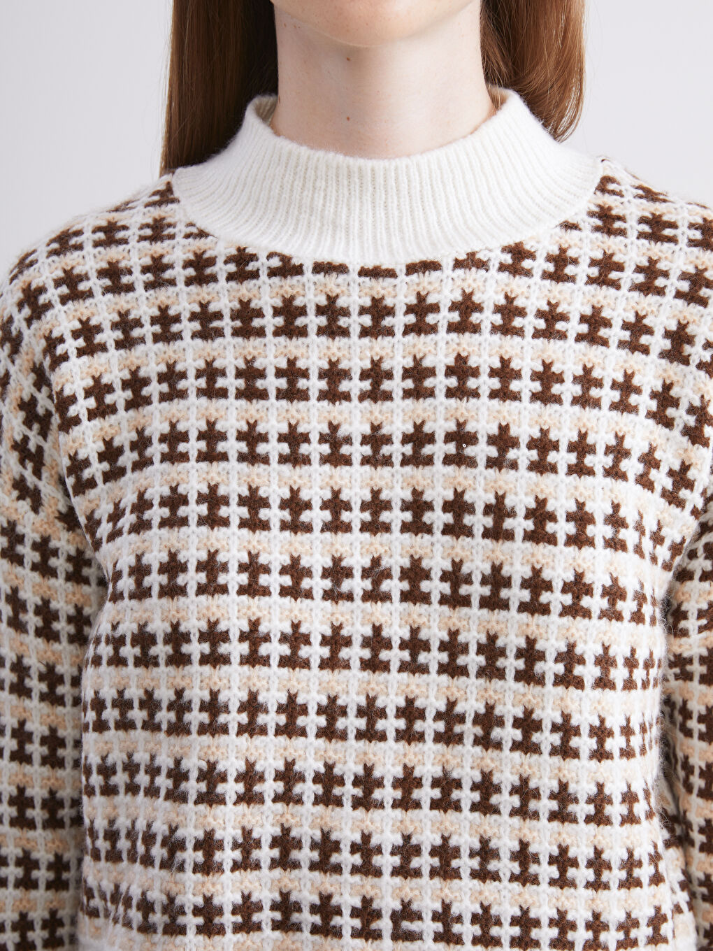 Funnel Neck Patterned Crop Women Knitwear Sweater-2