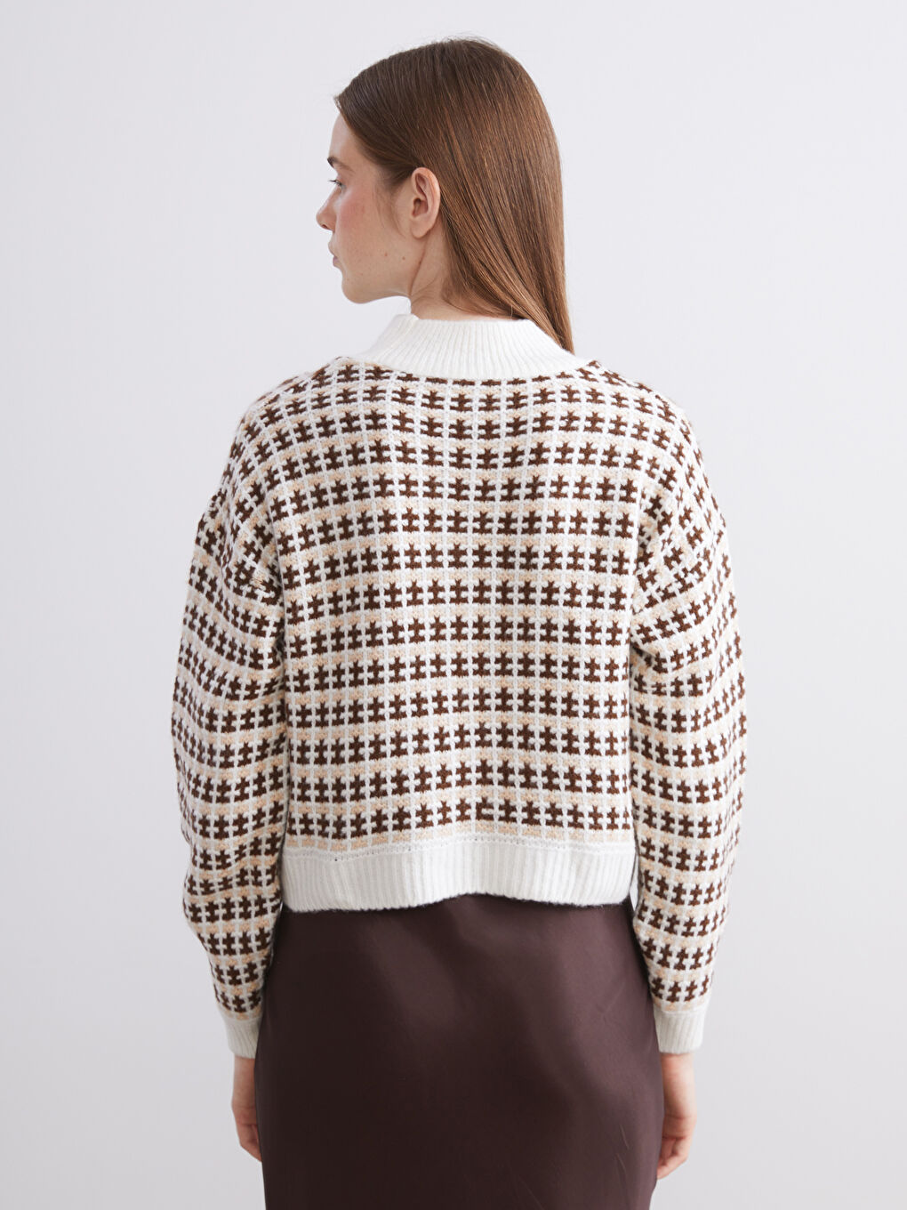 Funnel Neck Patterned Crop Women Knitwear Sweater-3