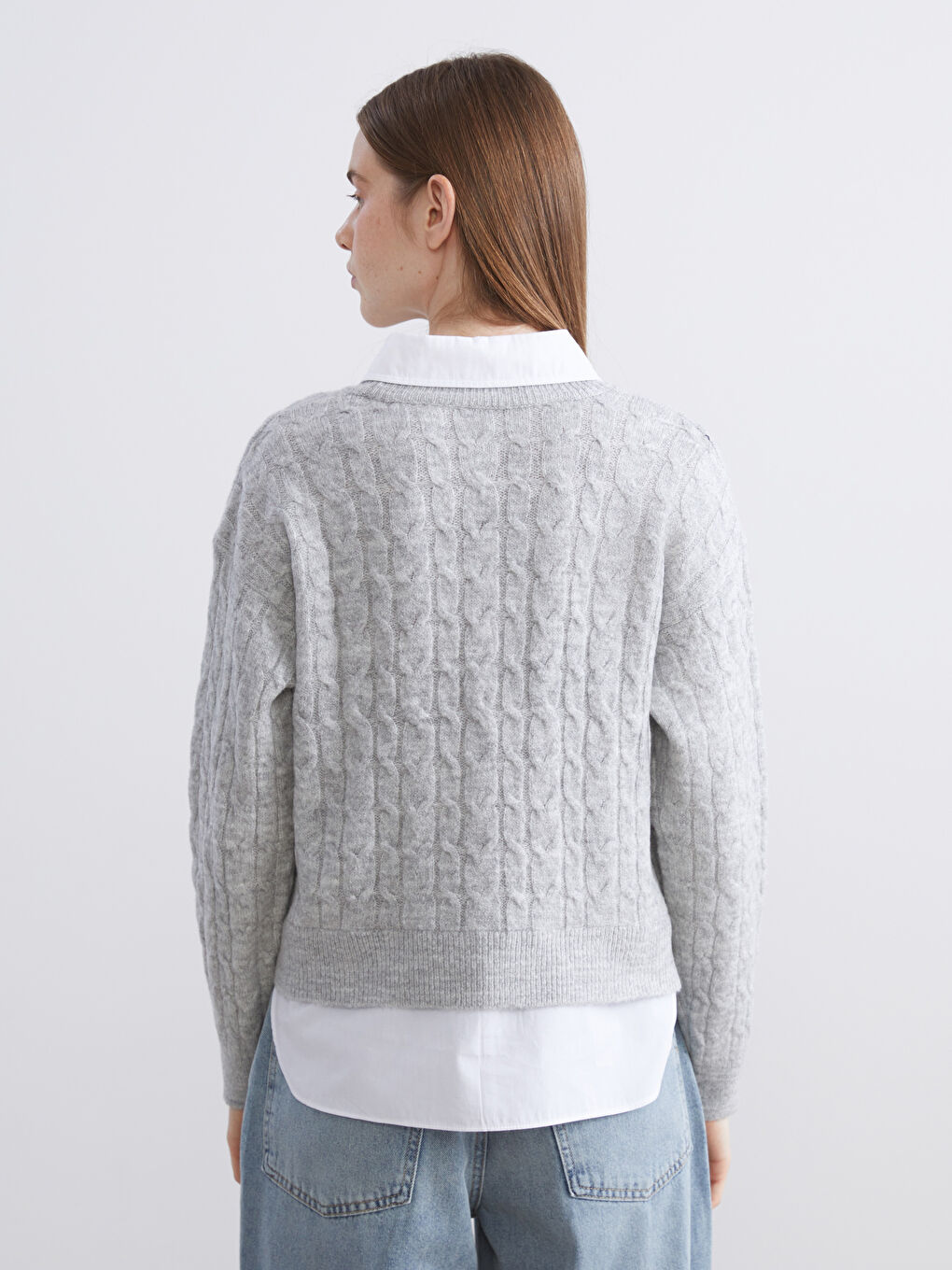 Gri Gömlek Yaka Kendinden Desenli Kadın Triko Kazak-3