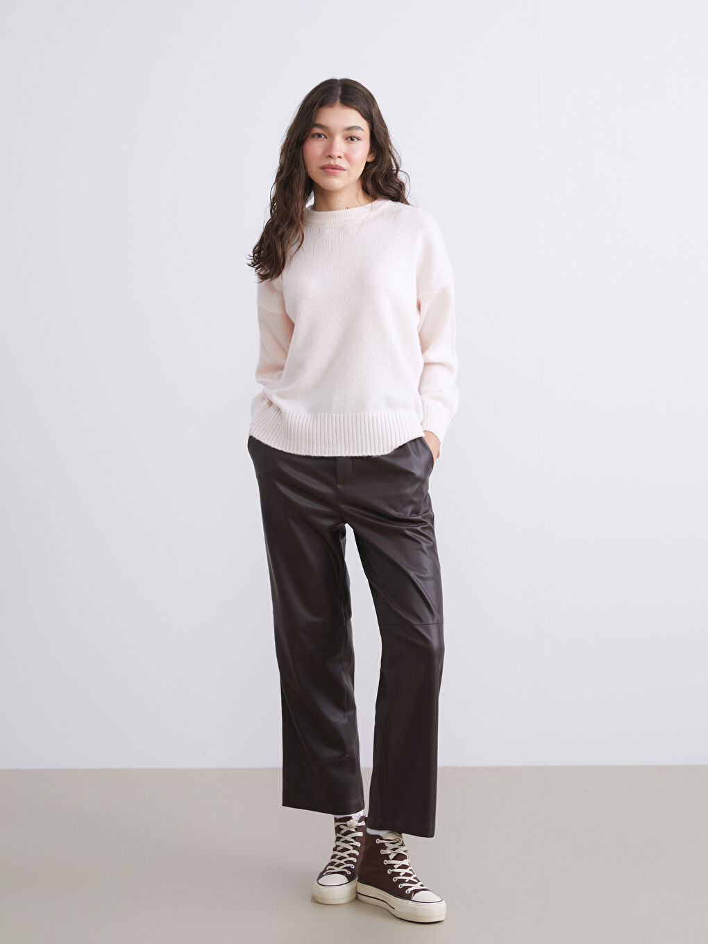 Pembe Bisiklet Yaka Oversize Kadın Triko Kazak-1