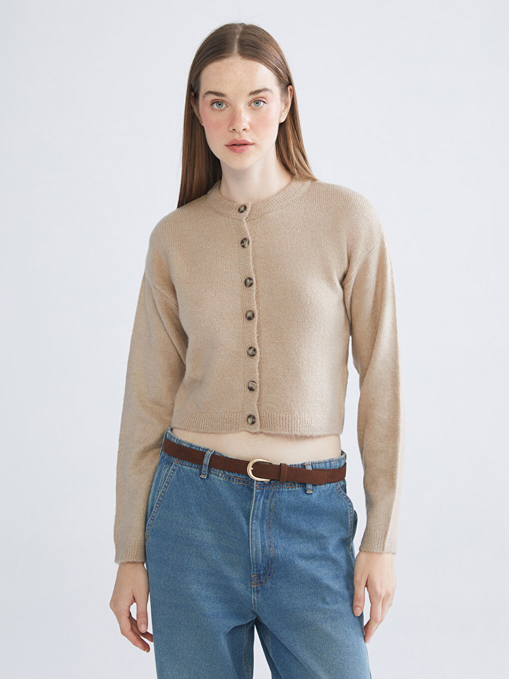 Bej Bisiklet Yaka Kadın Triko Hırka