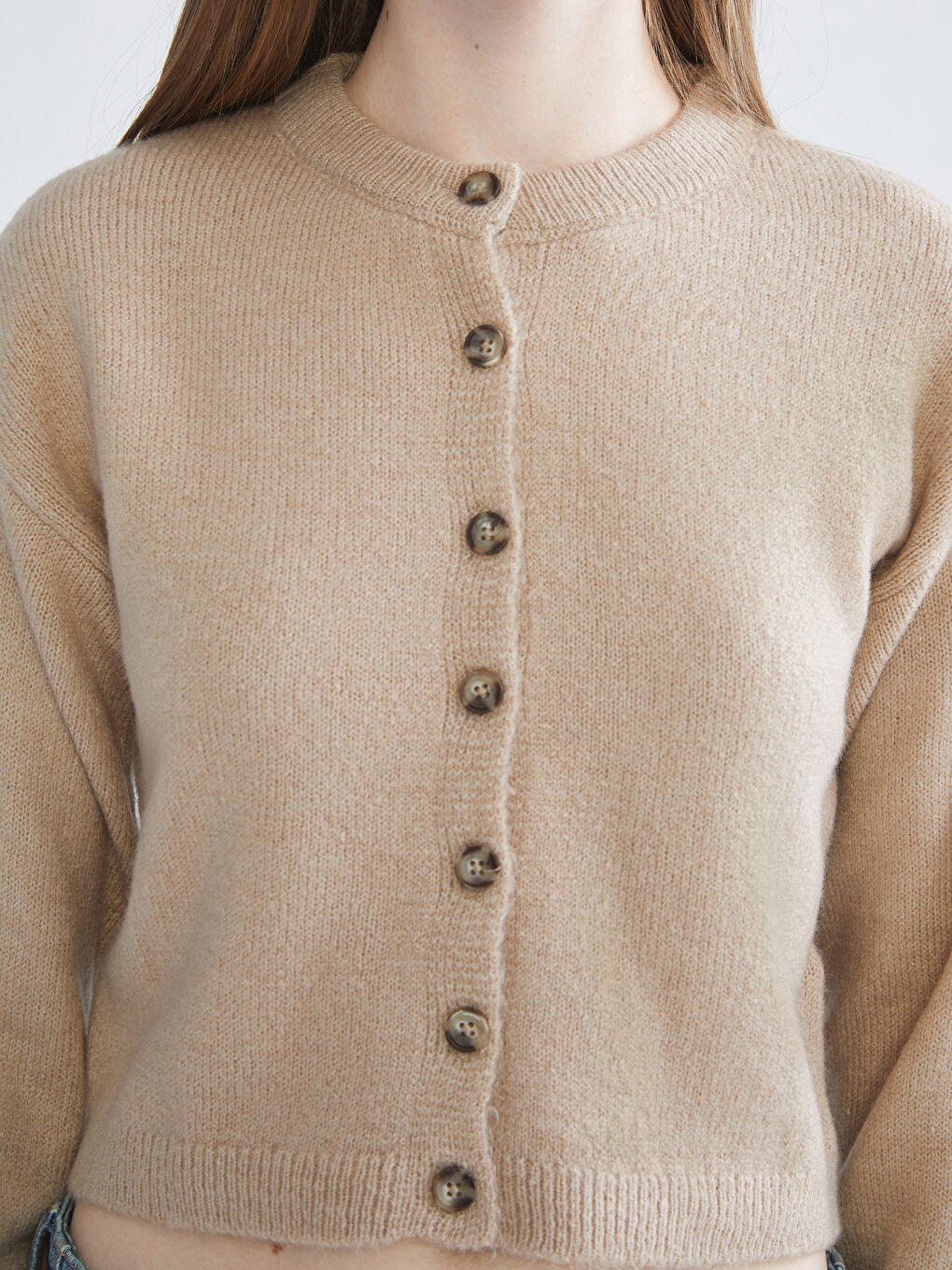 Bej Bisiklet Yaka Kadın Triko Hırka-2