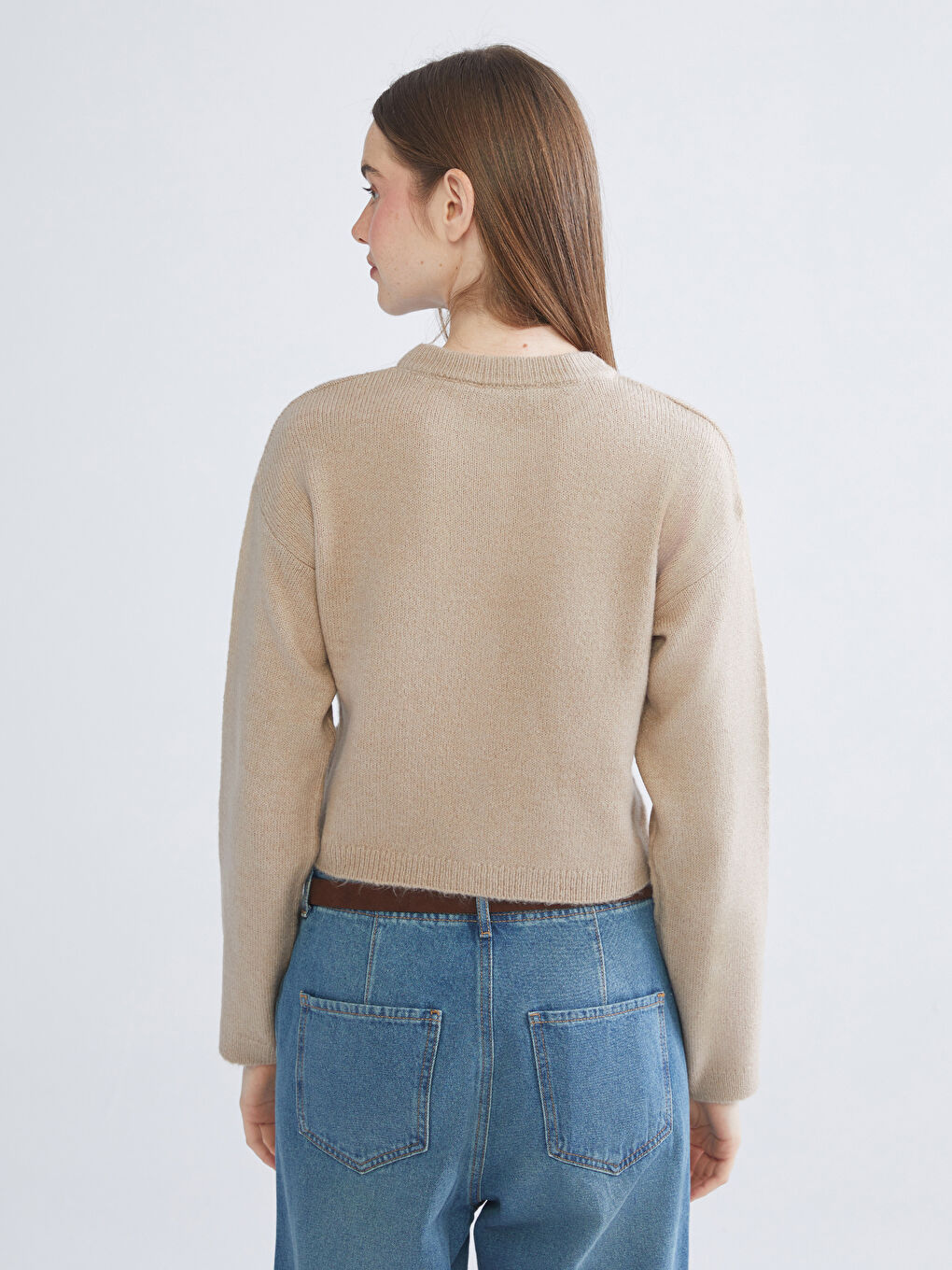 Bej Bisiklet Yaka Kadın Triko Hırka-3