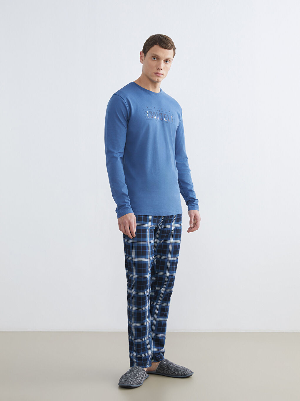 Mavi Bisiklet Yaka Baskılı Erkek Pijama Üst