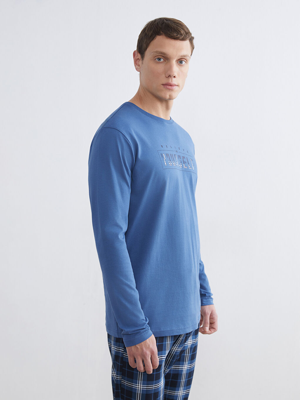 Mavi Bisiklet Yaka Baskılı Erkek Pijama Üst-1