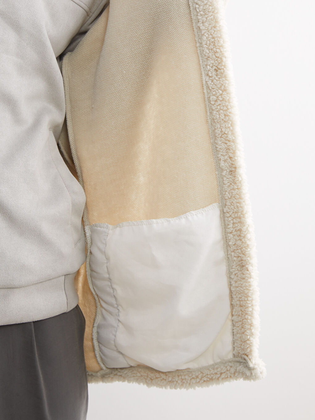 Ekru Standart Kalıp Gömlek Yaka Pelüş Erkek Mont-3