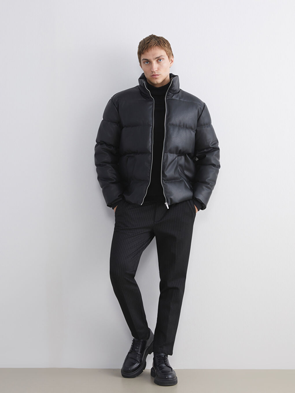 Loose Fit Funnel Neck Men's Faux Leather Coat-1