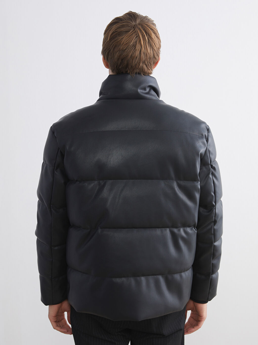 Loose Fit Funnel Neck Men's Faux Leather Coat-4