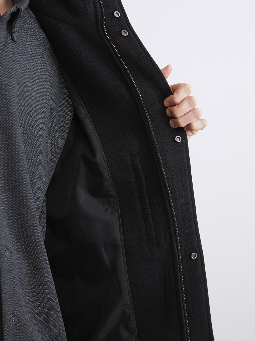 Ерлерге арналған стандартты пішім биік жағалы каше пальто-3