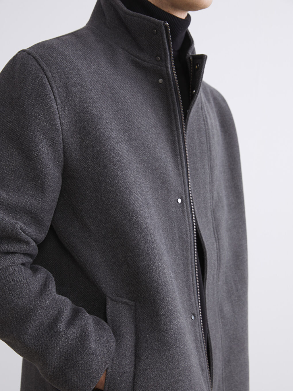 Antrasit Standart Kalıp Dik Yaka Erkek Kaşe Kaban-2