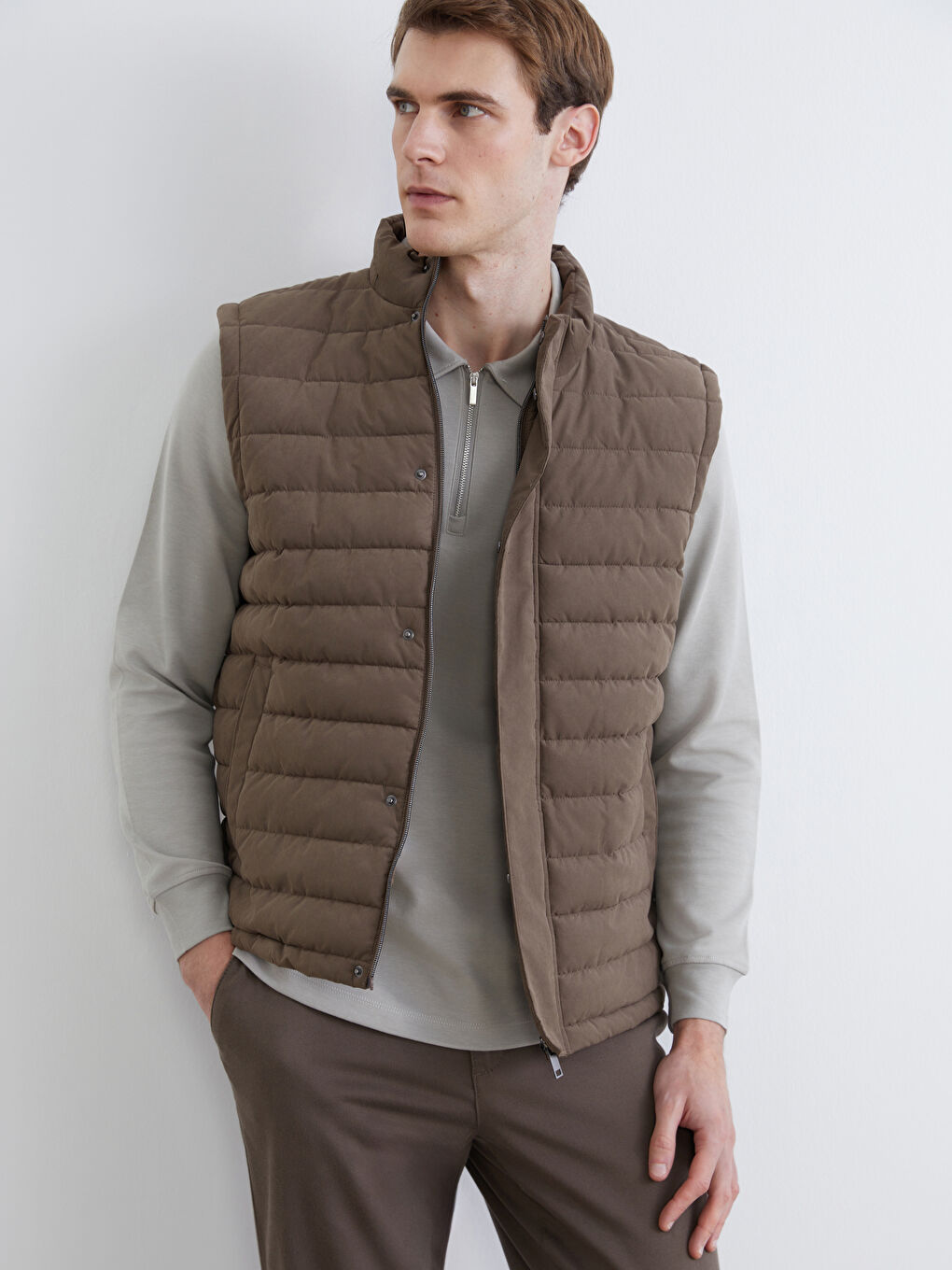 Kahverengi Standart Kalıp Dik Yaka Erkek Şişme Yelek