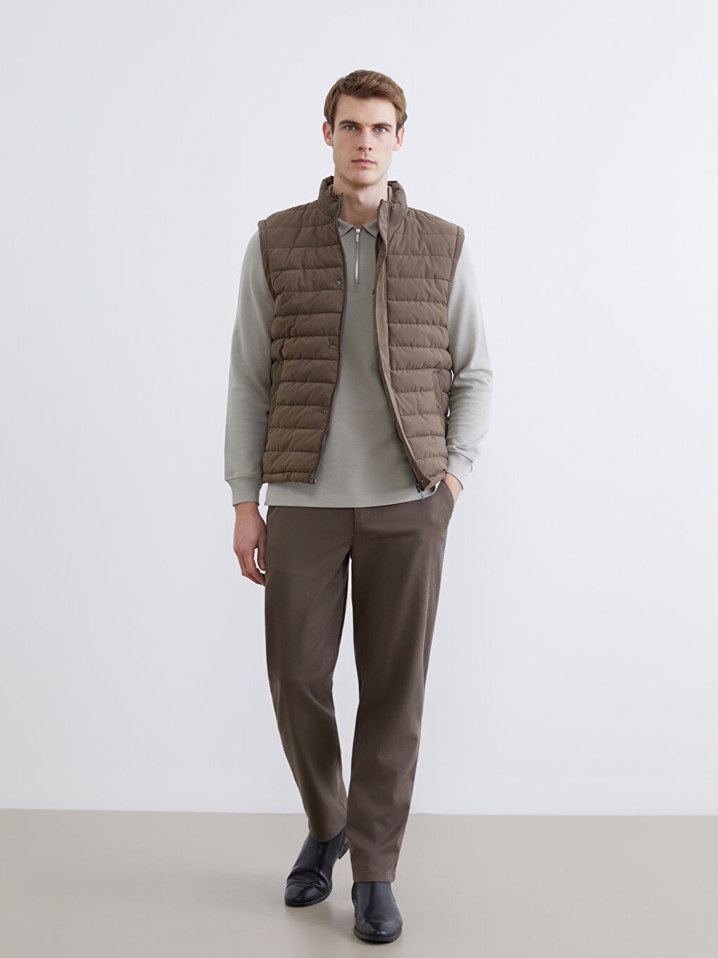 Kahverengi Standart Kalıp Dik Yaka Erkek Şişme Yelek-1