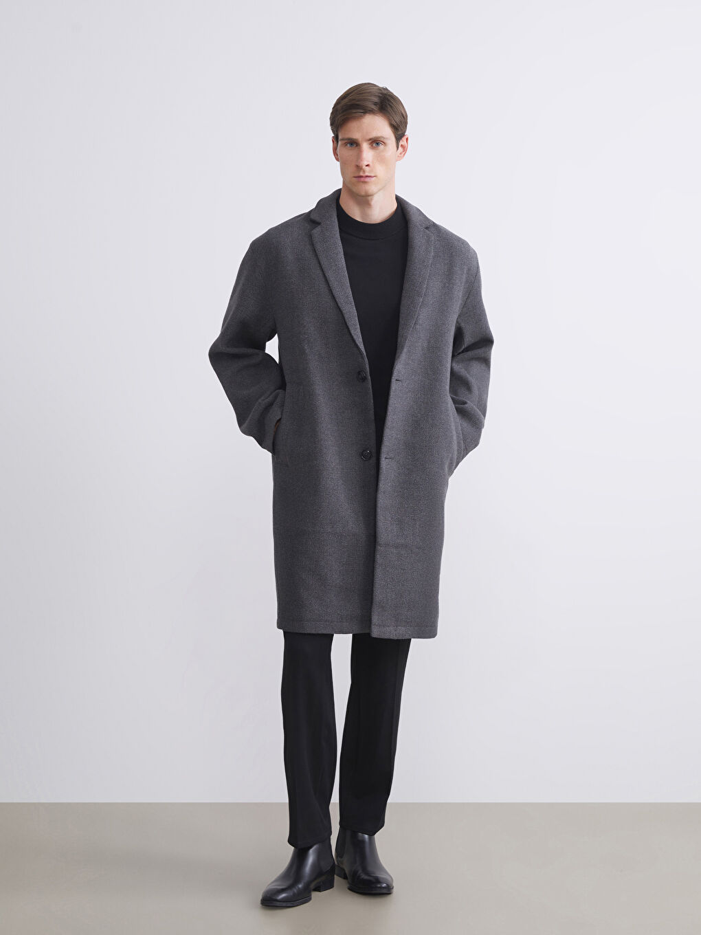 Antrasit Standart Kalıp Erkek Kaşe Kaban-1