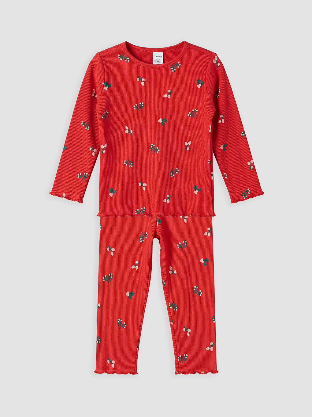 Kırmızı Çiçek Desenli Kız Bebek Pijama Takımı