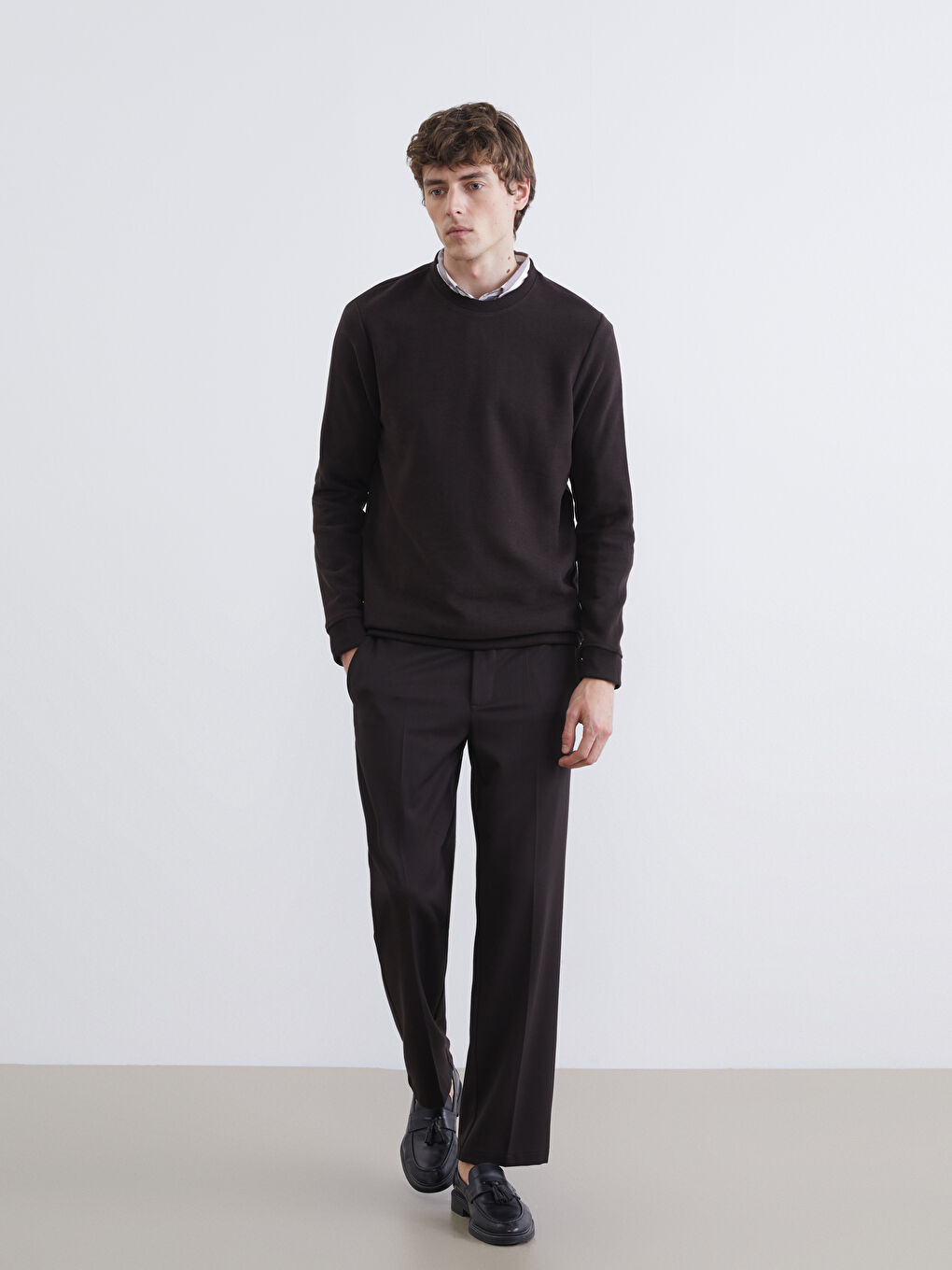 Kahverengi Bisiklet Yaka Erkek Sweatshirt-1