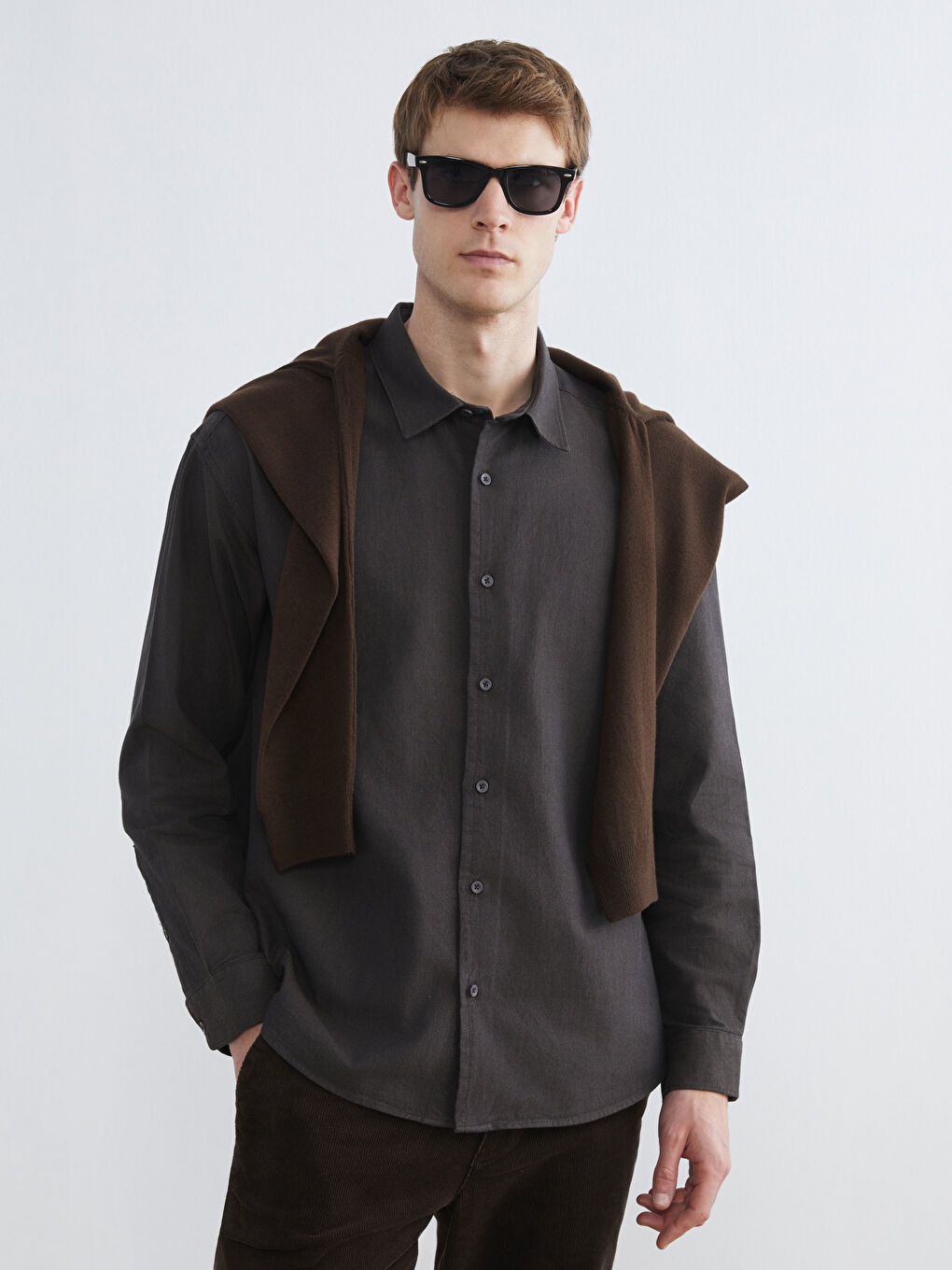 Kahverengi Regular Fit Uzun Kollu Gabardin Erkek Gömlek