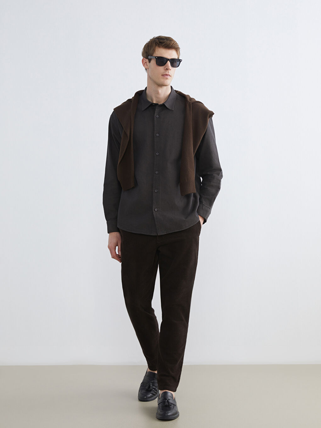 Kahverengi Regular Fit Uzun Kollu Gabardin Erkek Gömlek-1