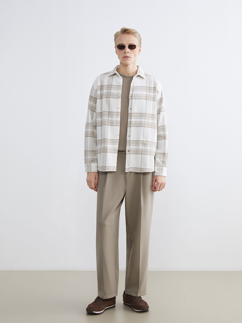 Bej Regular Fit Uzun Kollu Ekose Erkek Gömlek Ceket-1