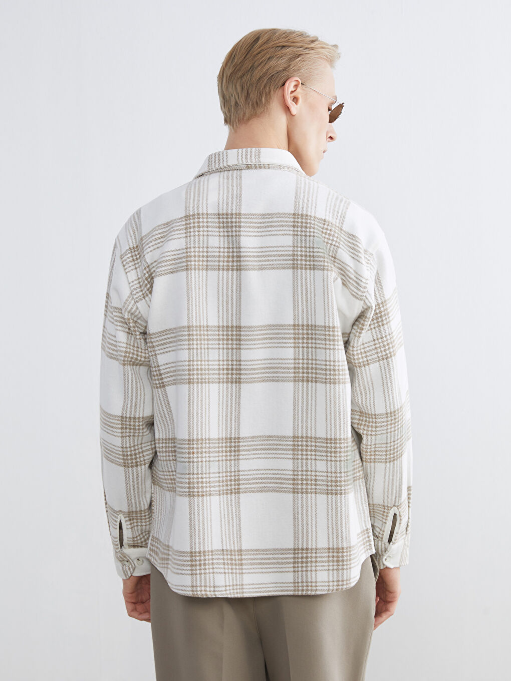 Bej Regular Fit Uzun Kollu Ekose Erkek Gömlek Ceket-3