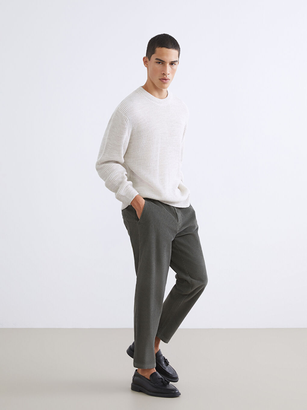 Bej Bisiklet Yaka Erkek Triko Kazak-1