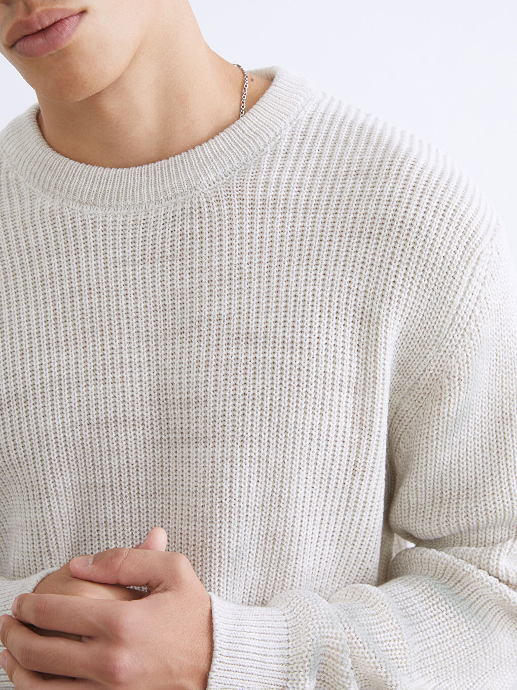 Bej Bisiklet Yaka Erkek Triko Kazak-2