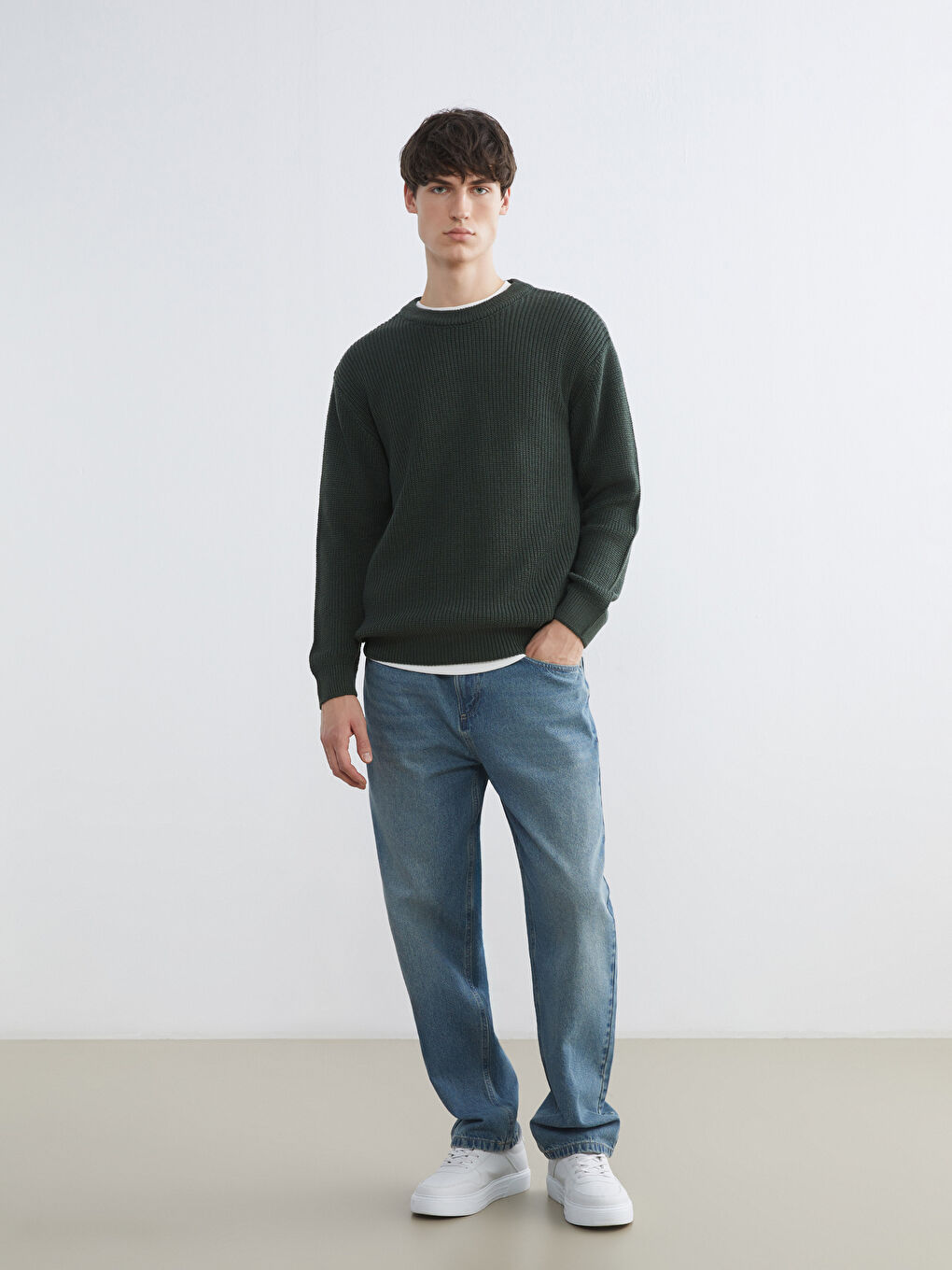 Yeşil Bisiklet Yaka Erkek Triko Kazak-1