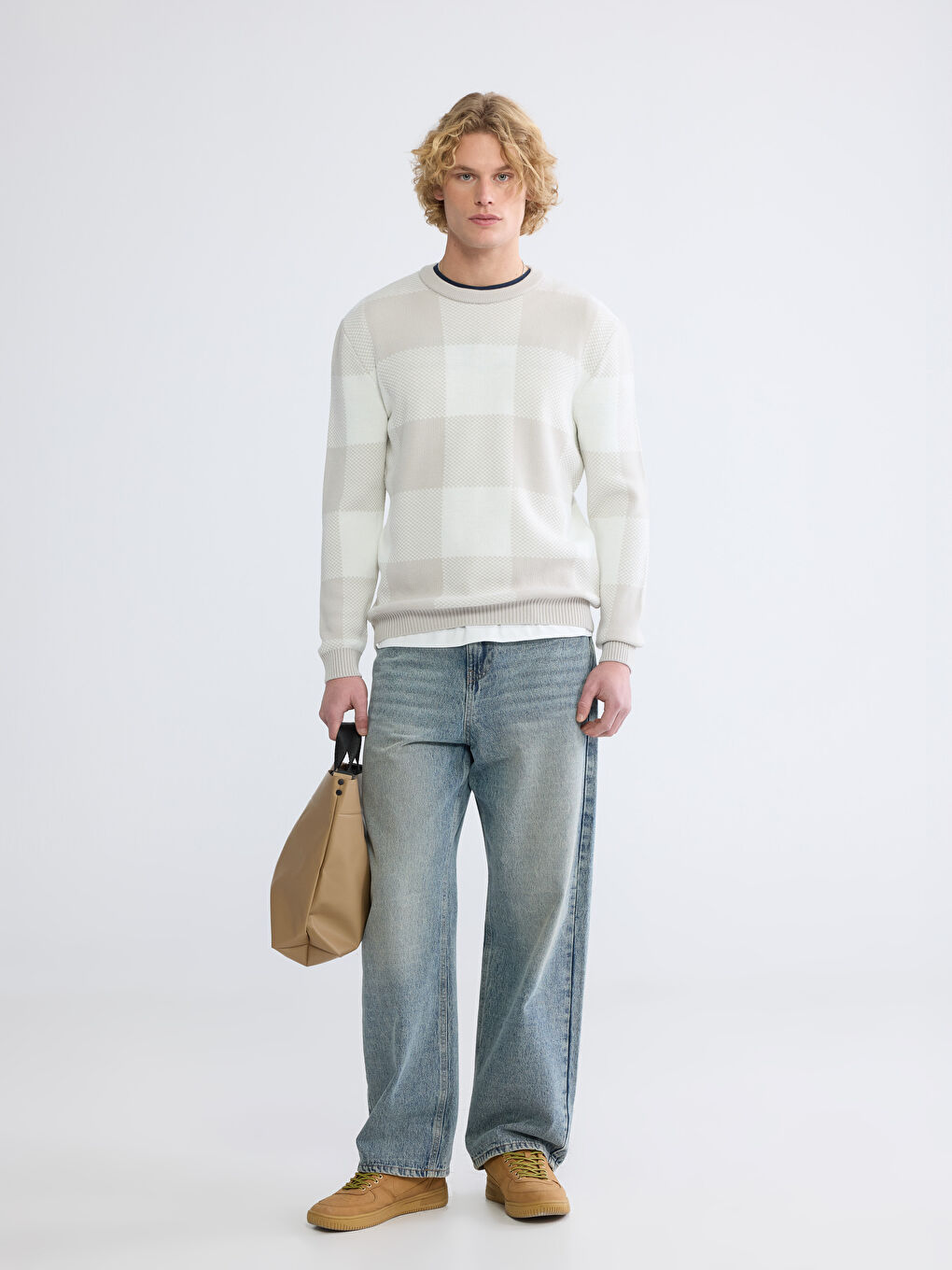 Bej Bisiklet Yaka Kareli Erkek Triko Kazak-1