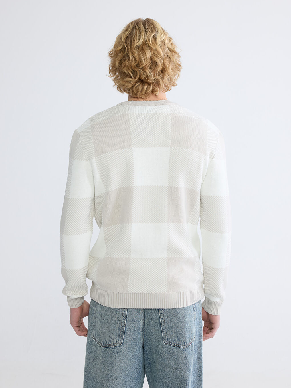 Bej Bisiklet Yaka Kareli Erkek Triko Kazak-3