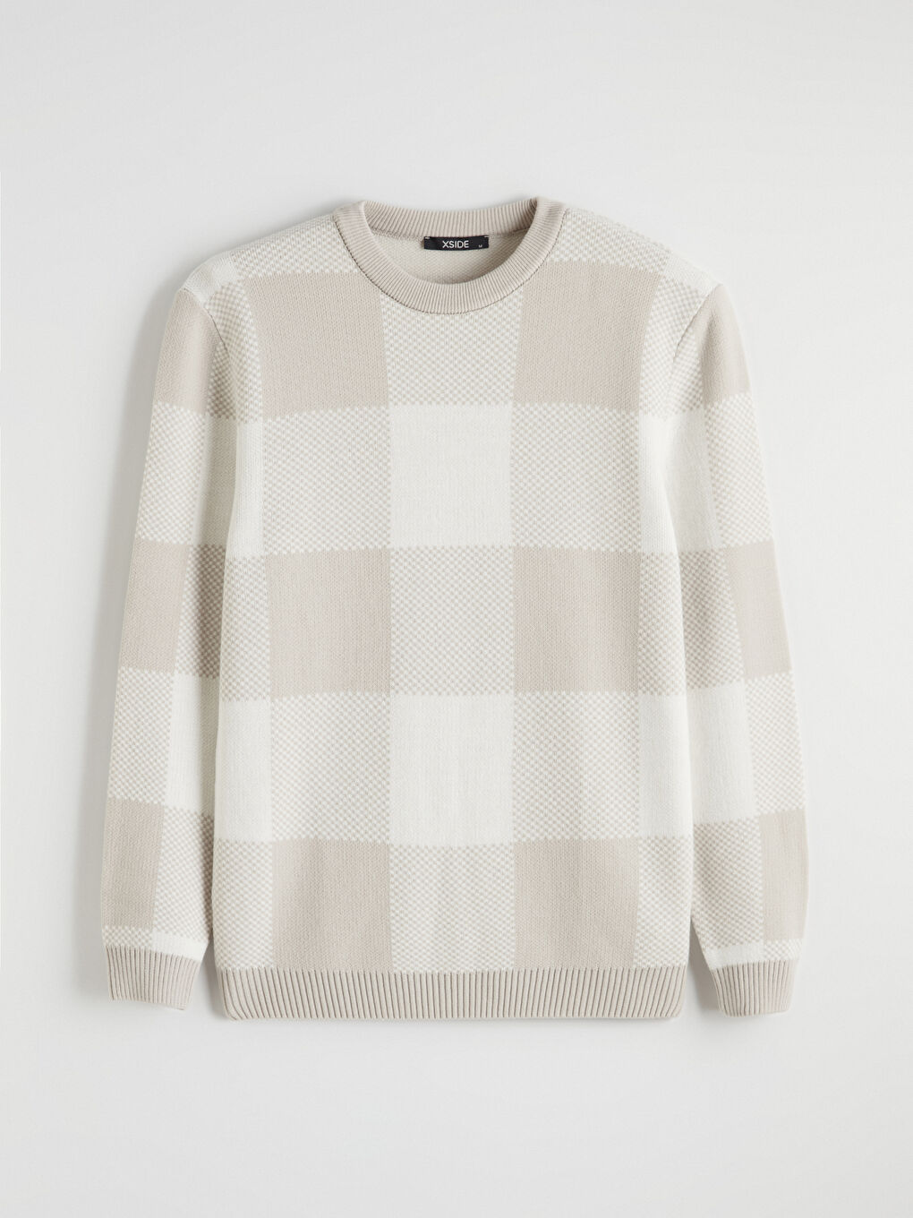 Bej Bisiklet Yaka Kareli Erkek Triko Kazak-4