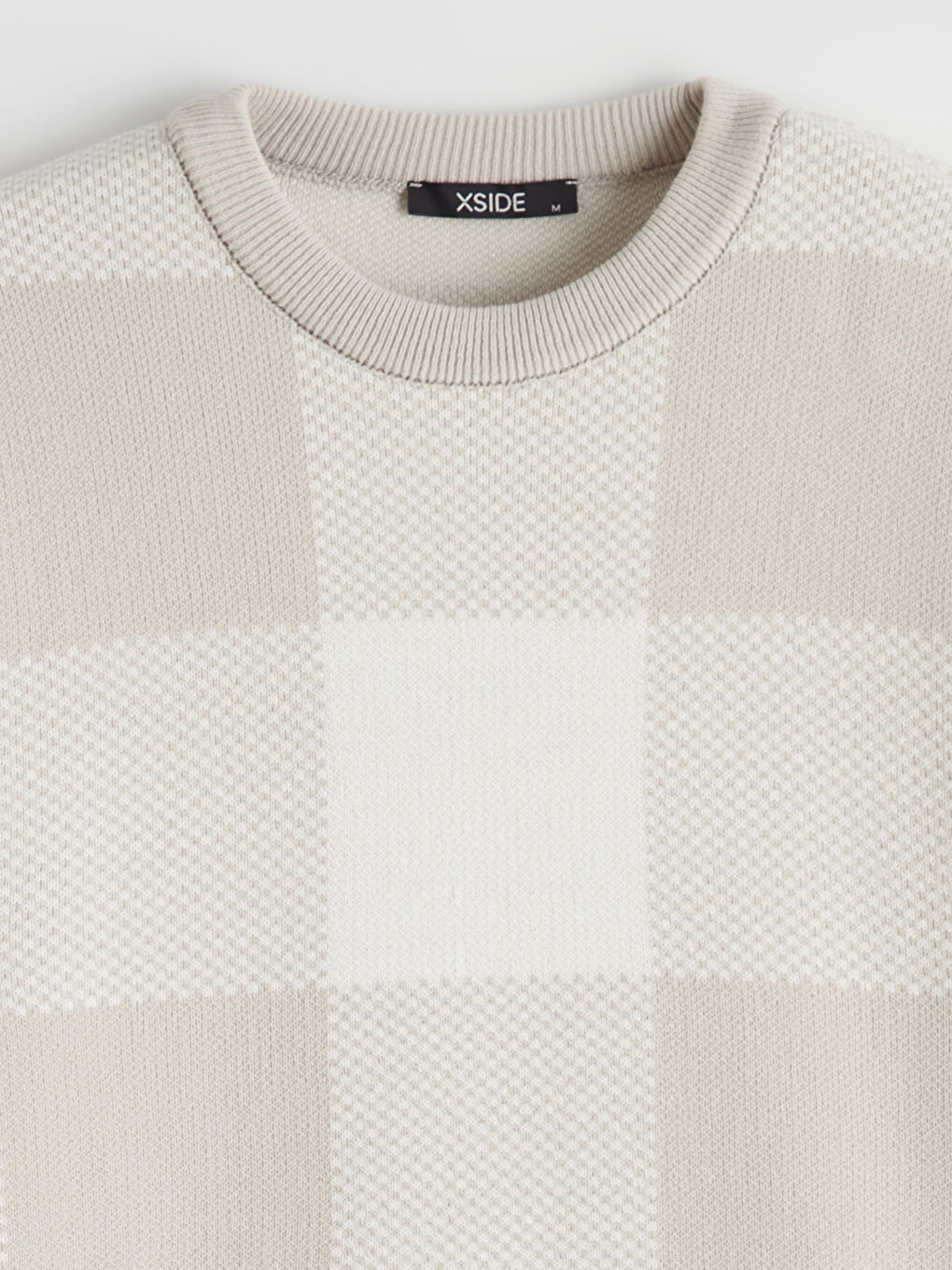 Bej Bisiklet Yaka Kareli Erkek Triko Kazak-5