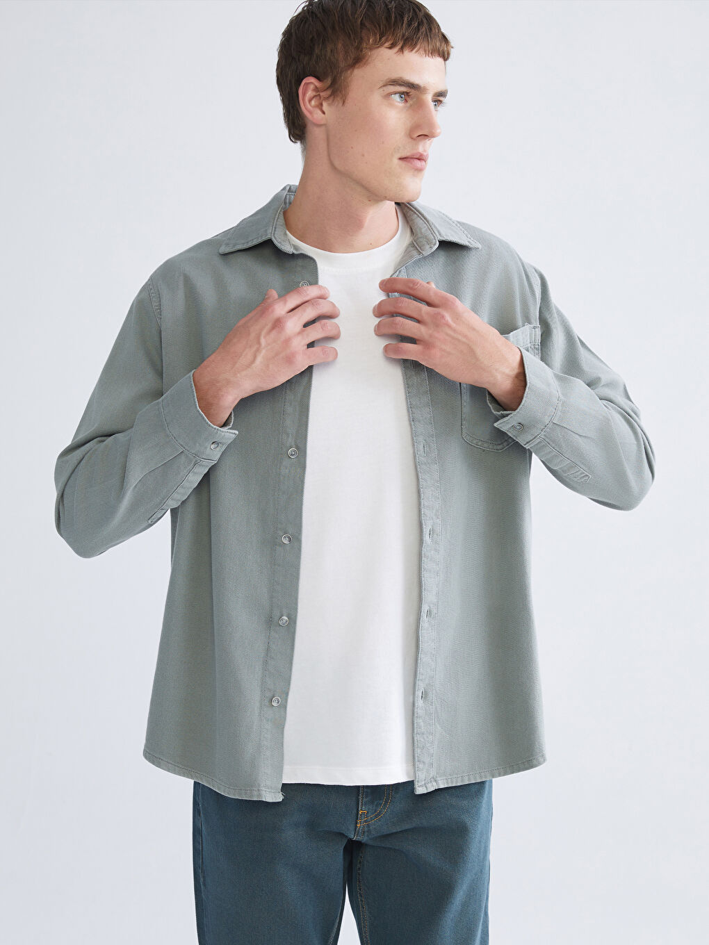 Yeşil Regular Fit Uzun Kollu Erkek Jean Gömlek